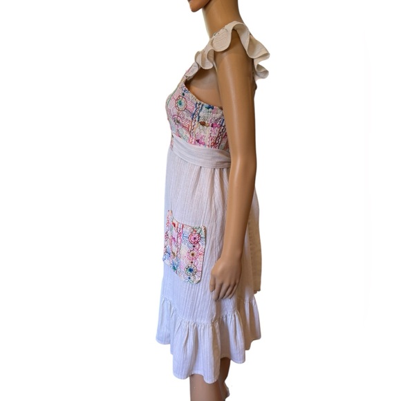 Leiter’s Vintage 70s Hand Embroidered Boho Fish Print Hippie Ruffle Mini Dress - Picture 6 of 8